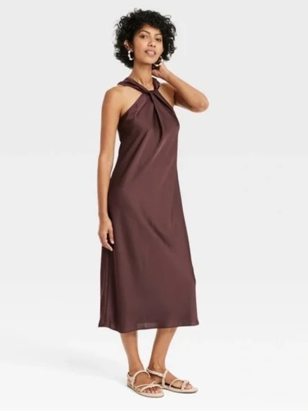a new day brown silky Halter Midi Dress size XXL wedding guest event summer